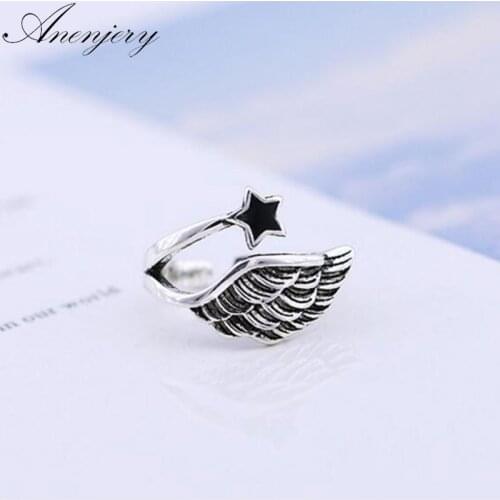 ANENJERY 925 Sterling Silver Thai Silver Star Angel Wings Adjustable Rings For Women Personality Punk Old Rings S-R285