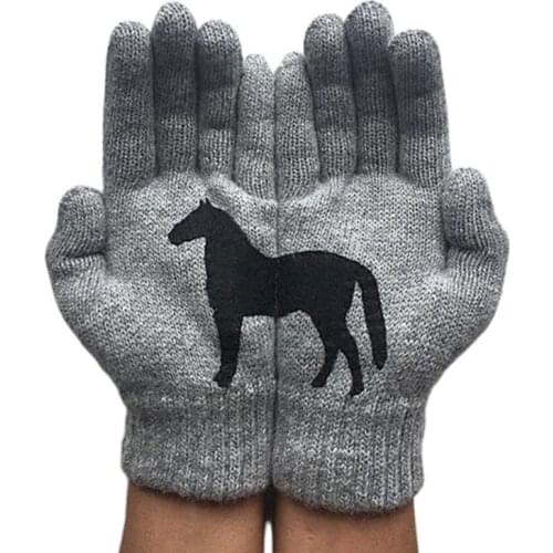 Women Winter Thick Warm Knitted Full Fingered Gloves Funny Black Horse Irregular Patchwork Palm Elastic Outdoor Mittens