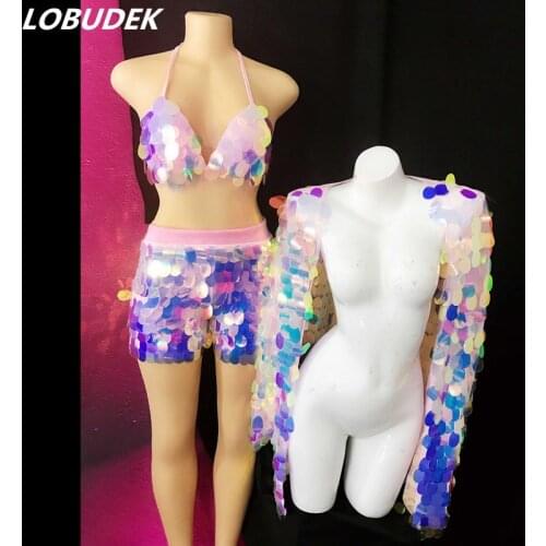 Bra+Shorts+Coat) Pink Purple Sequins 3-Pieces Womens Set Bar Nightclub Party Dance Outfits Sexy DJ Singer Dancer Stage Costume