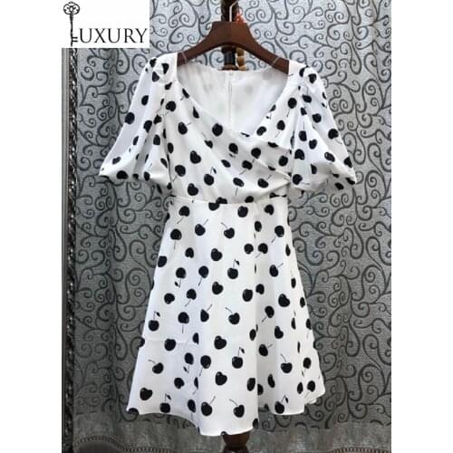2020 Summer Hot New Sale High Quality Women V-Neck Sweet Fruit Prints Short Sleeve Big Swing Sexy White Dress Mini