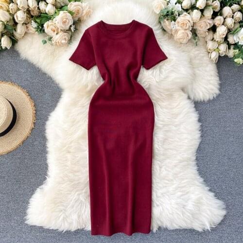 Sexy Dress Women Solid color Bodycon Short Sleeve Summer Mini Dresses O-Neck Knitted Stretch Retro High Waist Vestido