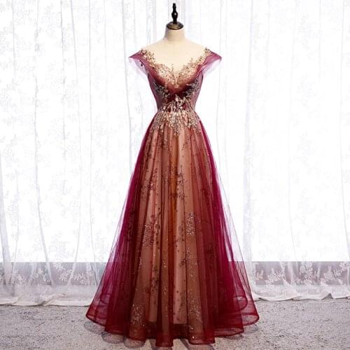 Evening Dress Appliques Bling Sleeveless A-Line Floor-Length Lace O-Neck Luxurious Burgundy Tulle Party Formal Gown Woman B289