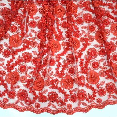 2020 red 3d flower lace fabric with pearls african lace fabrics beaded HY0787-6