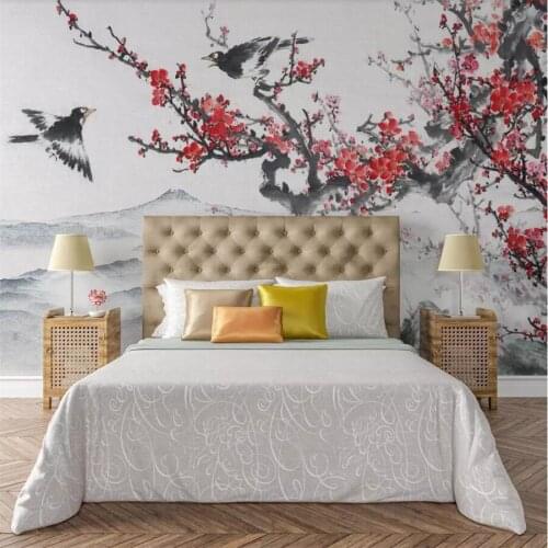 Beibehang Custom wallpaper 3d mural new Chinese flower and bird ink hand-painted plum landscape wall papers home decor wallpaper