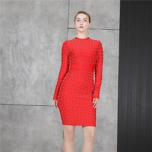 White Bead Bandage Dress Women Summer Elegant Celebrity Party Club Sexy New Arrival Long Sleeve Clothes