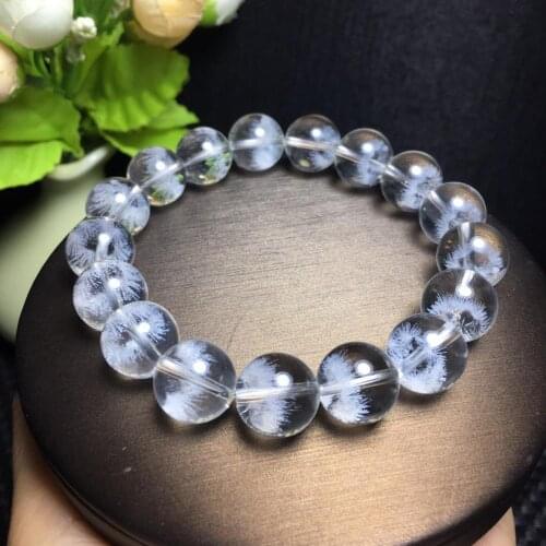 Natural White Rutilated Quartz Snow Bracelet Clear Round Beads Bangle 12mm Fashion Rare Women Men Wealthy AAAAA