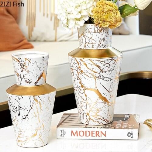 European Style Marbled Ceramic Vase Gift Gold-plated Hydroponic Vase Flower Arrangement Dried Flower Living Room Home Decoration