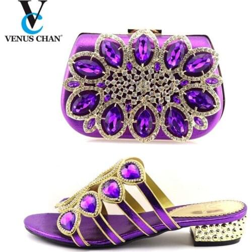 Purple Color 2020 New Arrival African Rhinestone Slippers With Bag Set Italian Pretty Pumps Women Shoes And Bag To Match Set