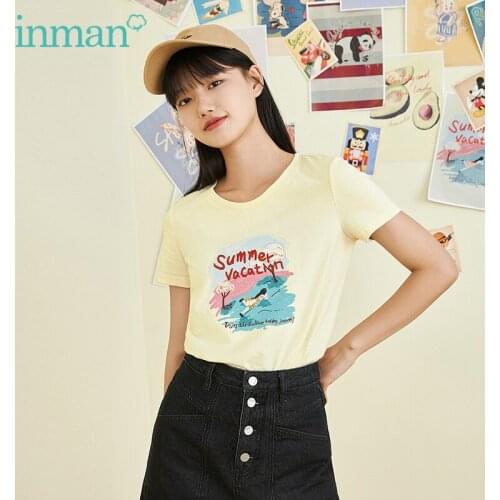 INMAN Summer T-Shirt Girl Causal Cute Style Paillette Figure Pattern Diamentional Letter Embroidery Round Collar Sequins Tops