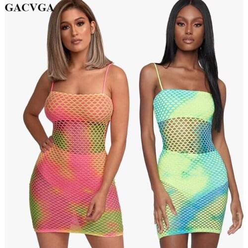 GACVGA 2019 Spaghetti Strap Sexy Bodycon Dress Vestidos Women Bandage Beach Dress Night Club Wear Mesh Summer Dresses