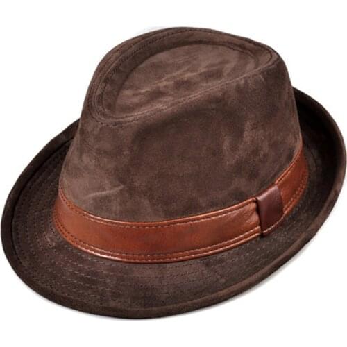 RY9108 Men Genuine Leather Suede Cow Skin Nubuck Brown Fedoras Hats Women Gentleman Male Jazz Hip Pop Caps 56-60cm Fitted Hat