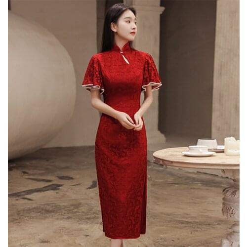 Retro Chinese Cheongsam-Wedding-Lace Summer Style-Stand Up Collar-Short Sleeve-Mid-Length-Dress With Chic&Attractive Neck