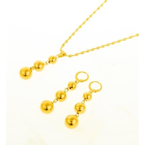 Arab/Africa Ethiopian Jewelry Gold Color Bead Jewelry sets Round Pendant Chain Necklace Ball Earrings for Women Gift