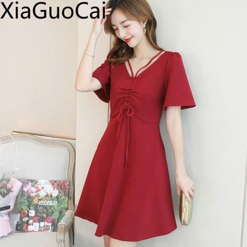Summer Red Fashion New Women Casual Dresses Fit Body Fashion Ladies Dresses Solid Color Short-sleeved Dress