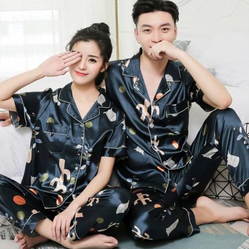 Summer Cactus Printed Stain Couple Men Women Lapel Short Sleeve Pants Sleepwear Lovers Female Pajamas Pyjamas Homewear