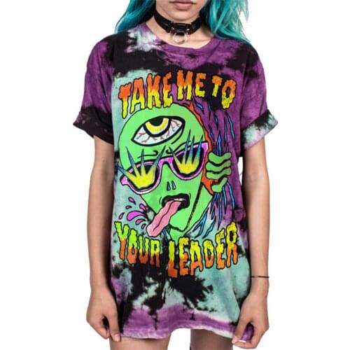 SOSHIRL Harajuku Punk Summer T Shirt Cool Hip Hop Womens T Shirt Loose Galaxy Letter Skull/Cute Alien Print Top Tee Dropship