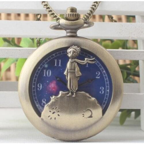 Hot Selling Classic The Little Prince Movie Planet Blue Bronze Vintage Quartz Pocket FOB Watch Popular Gifts for Boys Girls Kids