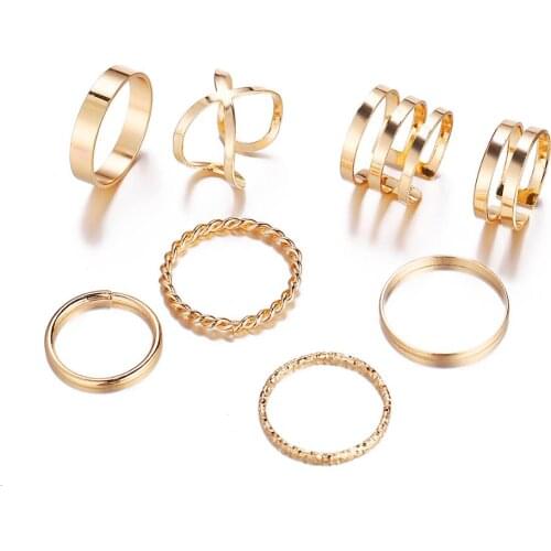 8 Pcs/Set Simple Design Round Gold Color Rings Set For Women Handmade Geometry Finger Ring Set Female Jewelry Gifts