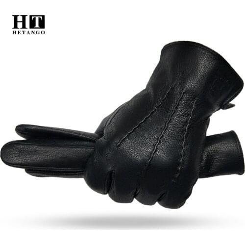 2020 New Winter Mens Leather Gloves Warm Soft Black Sewing Design Mittenskin Buckskin Gloves Imitate Wool Lining Free Shipping