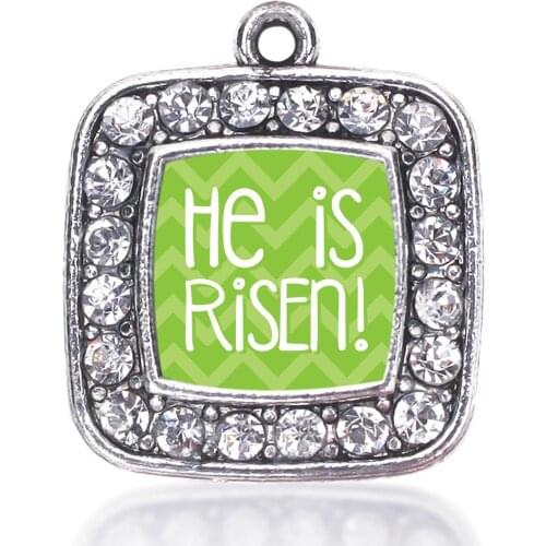 HE IS RISEN GREEN CHEVRON PATTERNED SQUARE CHARM antique silver plated jewelry