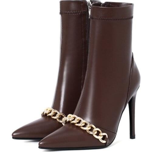 Sexy Metal Golden Chains Brown Black Leather Ankle Boots Pointed Toe Side Zipper Thin High Heels Short Boots Woman