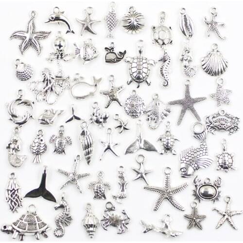 30pcs Charms Fish Starfish Octopus Crab Hippocampus Tortoise Antique Silver Color Mixed Pendants DIY Findings Tibetan Jewelry