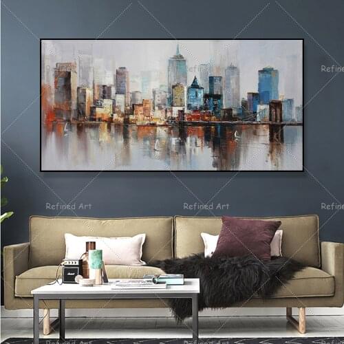 Hand Painted Oil Painting Colorful City Architecture Landscape Wall Art Home Decoration Rolled Canvas No Frame Unstretched