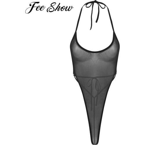 Sex See Through High Cut Bodysuit Sheer Mesh Transparent Halter One Piece Swimwear Erotic Leotard Women Lingerie Thong Bodysuit