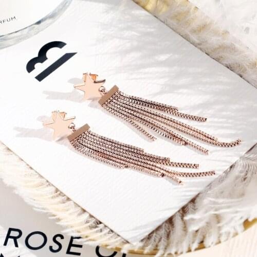 YUN RUO 2019 Fashion Star Tassel Stud Earring Rose Gold Color Woman Birthday Gift Titanium Steel Jewelry Never Fade Drop Ship