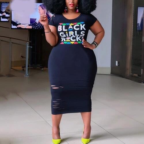 African Ladies Large Dress 4XL 5XL Black Letter Print Bodycon High Waisted Mid Calf Sexy Evening Night Party Vestidos Mujer New