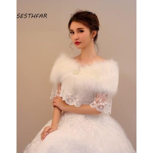 Women Bride Cape Autumn Winter Jacket Fur Shawl Wedding Wrap Formal Dress Married Outerwear PJ034