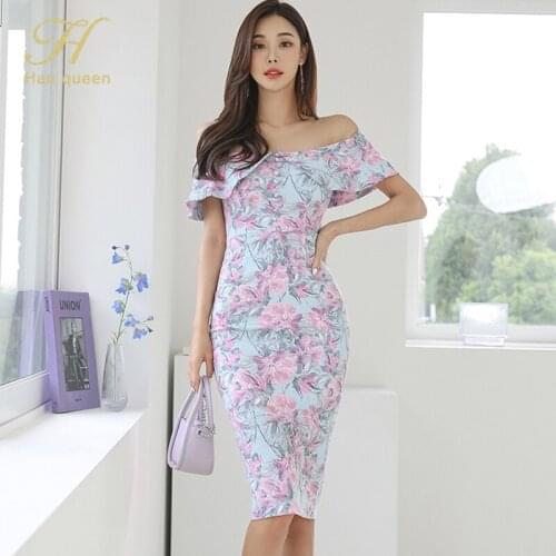 H Han Queen Womens Summer Sexy Slash neck Printed Ruffle Pencil Dress Party Vestidos Single-breasted Work Sheath Bodycon Dresses