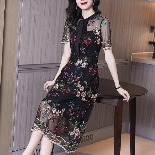 2020 Summer Fashion Womens Short Sleeve Embroidery Slim Bow Mesh Dress , Woman 2xl Black Floral Long Dresses for Woman