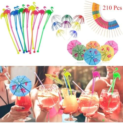 210 Pcs Cocktail Party Decorations Flamingo Stirrers Drink Umbrellas Sticks Foil Fireworks Picks Hawaiian Tropical Accessories