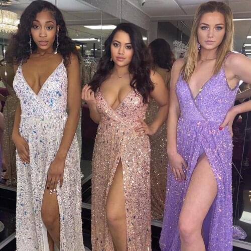 2k20 Sequins Prom Dresses 2020 Sexy and Sleek Lavender Silver Champagne Sparkly Spaghetti Straps Pageant Gowns
