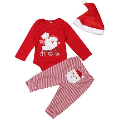 3pcs Santa Christmas Newborn Clothes Sets Kids Toddler Baby Romper + Pant + Hat Boys Girls Xmas Outfit