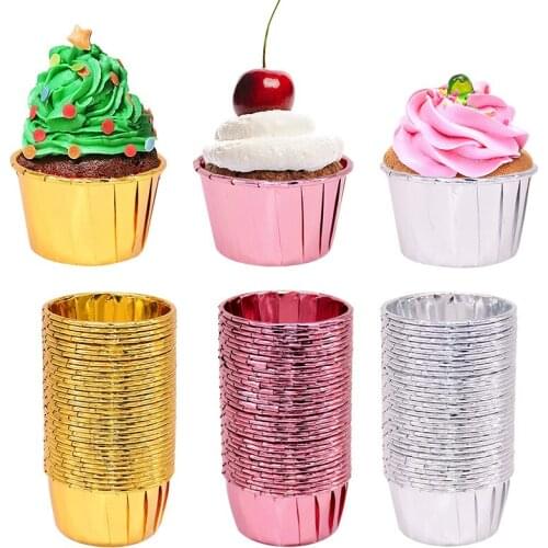 50pcs Solid Rose Gold Silver Cake Cup Muffin Liner Cupcake Mould Case Kitchen Tools Birthday Wedding Party Baking Decoration
