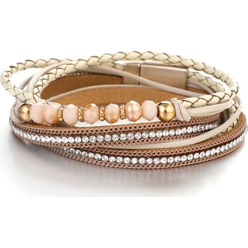 Amorcome Elegant Multi-strand Bradied Leather Double Wrap Bracelet With Magnetic Clasp for Women Crystal Beads Bracelets Jewelry