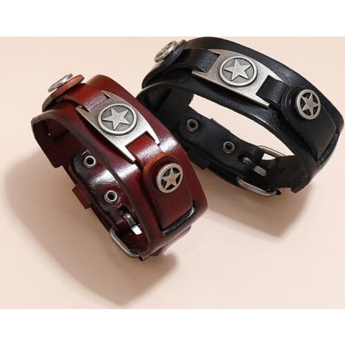 Length 29cm Bracelet Leather Pentagram Punk Style Simple Temperament Multi Layer Mens Bracelet