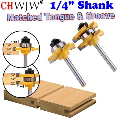 2Pcs 1/4" Shank Matched Tongue & Groove Router Bit 3/4" Stock 3 Teeth T-shape Wood For Woodworking Tool