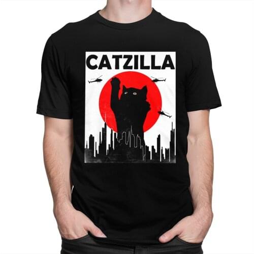 Catzilla T Shirt Men 100% Cotton Fashion T-shirt Crew Neck Short Sleeves Japanese Sunset Style Cat Vintage Kitten Lover Gift Tee
