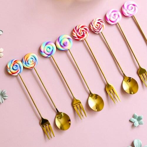 Delicate Fork Durable Stainless Steel Corrosion Resistant Anti-rust Lollipops Shape Scoop Spoon Use Fruit fork coffee spoon