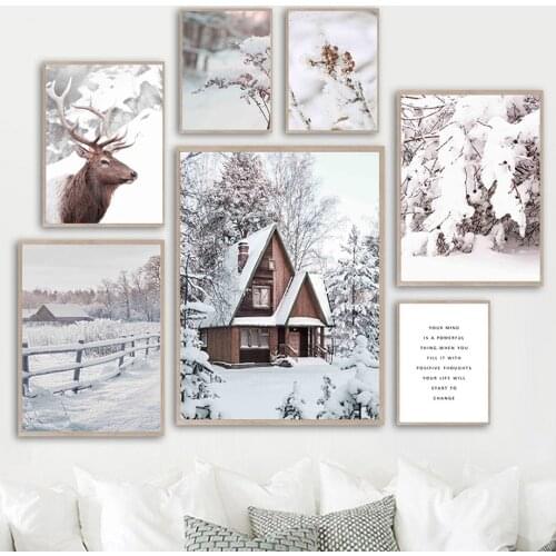 Cabin Elk Deer Snow Pasture Pines Tree Wall Art Canvas Painting Nordic Posters And Prints Wall Pictures For Living Room Decor
