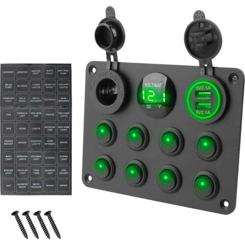 LEEPEE Cigarette Lighter Socket Toggle Switch Panel 12V 8 Gang Car Marine Circuit Breaker Dual USB
