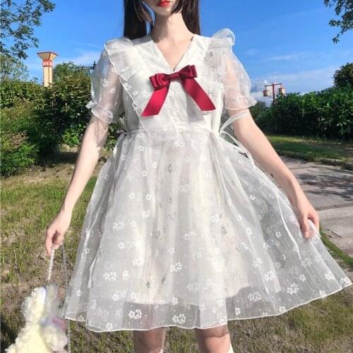 Summer Japanese Immortal Air Mesh Sweet Floral Waist Hugging Slimming Full Body Dress Fairy 2020 New Summer lolita dress