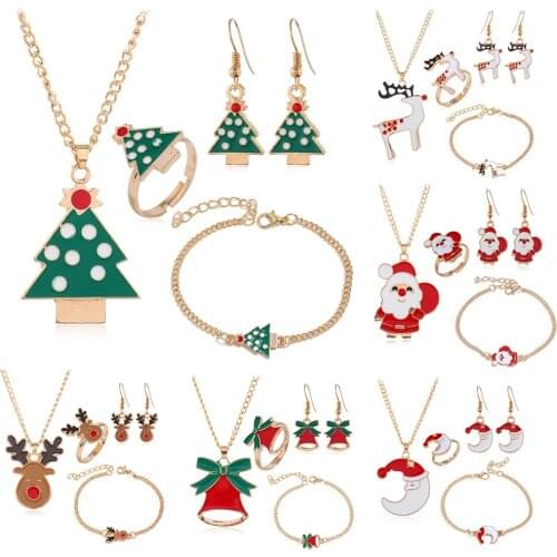 Mix Cute Enamel Christmas Design Charm Jewelry Set for Women Girl Xmas Pendants Festival Moon Necklaces Rings Bracelet Earrings