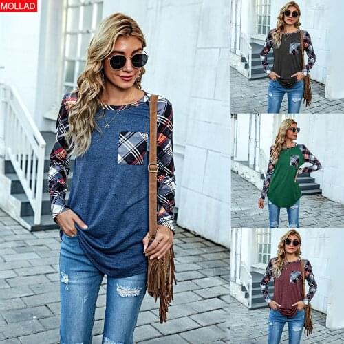 2021 Spring and Summer New European and American Womens Clothing Printed Plaid Stitching Top round Neck Long-T-Shirt