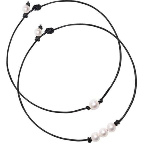 New Women Black Leather Cord Three Pearl Pendant Knot Choker Necklace Jewelry Cord Knotted Necklaces Handmade Jewelry