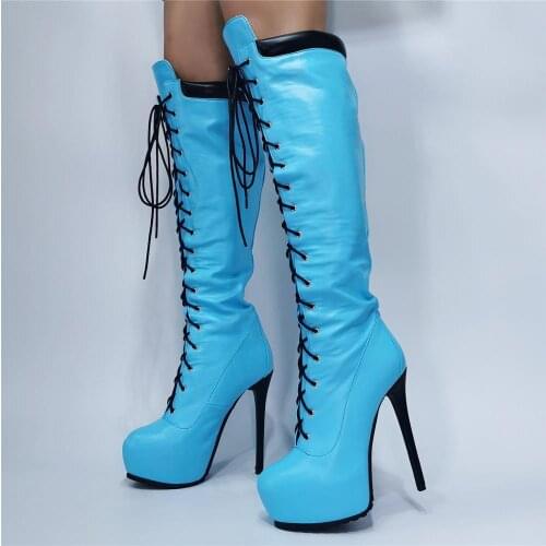New Woman Fashion Blue Black Patchwork Round Toe Platform Boots Lace Up Front Stiletto Heels Knee High Long Boots Plus Size