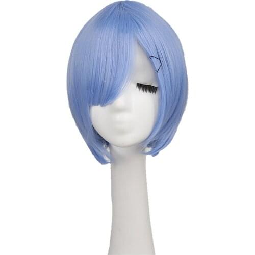 Ramrem Cosplay Costume Wig Synthetic Short Straight Hair Ombre Blue Purple Lolita Wig for Women Black Natural Hair with Bangs